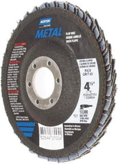 Norton - 40 Grit, 4-1/2" Disc Diam, 7/8" Center Hole, Type 27 Zirconia Alumina Flap Disc - 13,300 Max RPM, Fiberglass Backing, Arbor Attaching System, Coated - Americas Industrial Supply