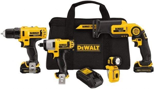 DeWALT - 12 Volt Cordless Tool Combination Kit - Includes 3/8" Drill/Driver, 1/4" Impact Driver, Pivot Reciprocating Saw & LED Worklight, Lithium-Ion Battery Included - Americas Industrial Supply