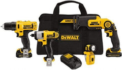 DeWALT - 12 Volt Cordless Tool Combination Kit - Includes 3/8" Drill/Driver, 1/4" Impact Driver, Pivot Reciprocating Saw & LED Worklight, Lithium-Ion Battery Included - Americas Industrial Supply