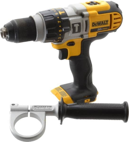 DeWALT - 20 Volt 1/2" Keyless Chuck Cordless Hammer Drill - 0 to 9,775, 0 to 22,950 & 0 to 34,000 BPM, 0 to 575, 0 to 1,350 & 0 to 2,000 RPM, Reversible, Mid-Handle - Americas Industrial Supply