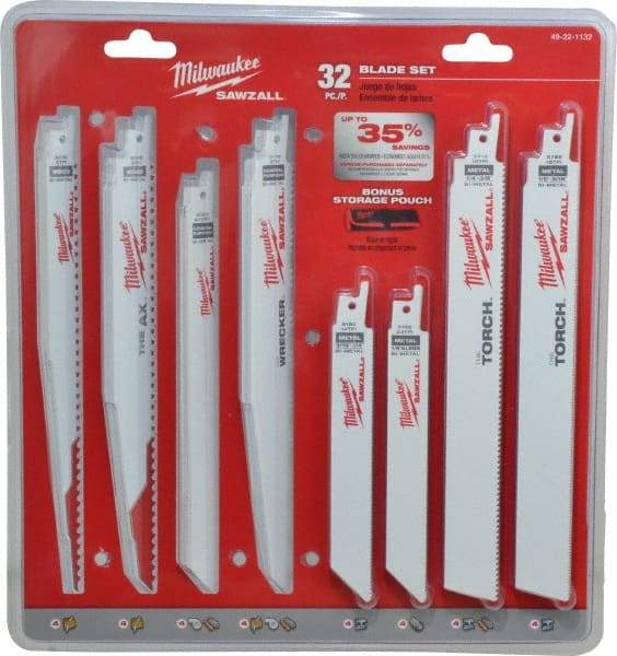 Milwaukee Tool - 32 Piece, 6" to 9" Long x 0.04" to 0.05" Thick, Bi-Metal Reciprocating Saw Blade Set - Straight Profile, 5-8 to 24 Teeth per Inch, Toothed Edge - Americas Industrial Supply