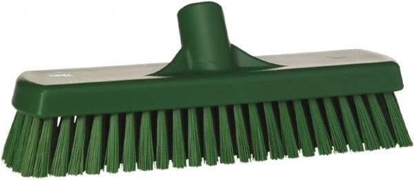 Vikan - 1.7" Bristle Length, Polyester Scrub Brush - 11-1/4" Long x 3" Wide Head, 12" OAL, European Threaded Handle, Green, Polypropylene Block - Americas Industrial Supply