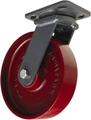 Hamilton - 8" Diam x 2" Wide x 9-1/2" OAH Top Plate Mount Swivel Caster - Cast Iron, 1,500 Lb Capacity, Sealed Precision Ball Bearing, 4 x 5" Plate - Americas Industrial Supply
