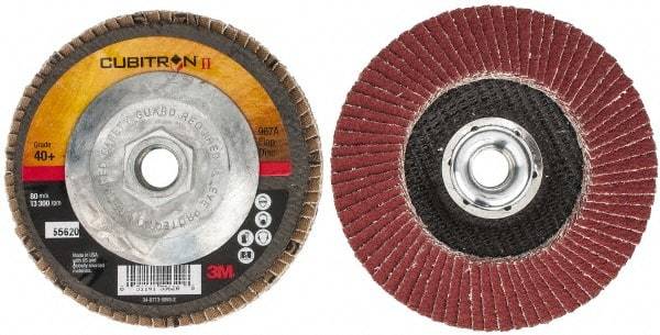 3M - 40 Grit, 4-1/2" Disc Diam, 5/8-11 Center Hole, Type 29 Ceramic Flap Disc - 13,300 Max RPM, Cloth Backing, Arbor Attaching System, Coated - Americas Industrial Supply