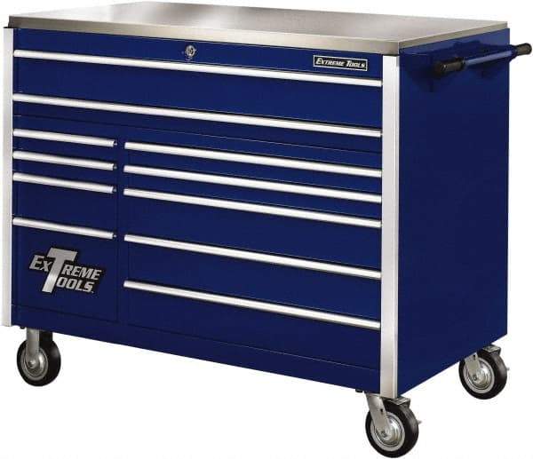 EXTREME TOOLS - 11 Drawer Steel Tool Roller Cabinet - 55" Wide x 46-3/8" High x 30" Deep, Ball Bearing Drawer Slides, Blue - Americas Industrial Supply
