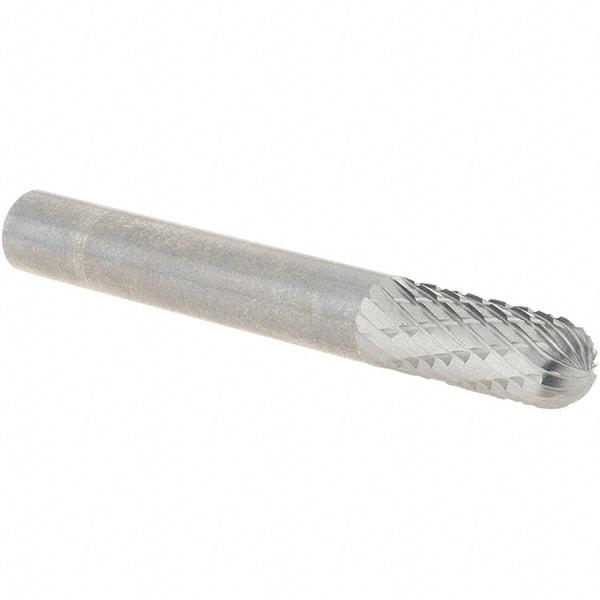 Made in USA - 1/4" Cut Diam, 1/4" Shank Diam, Cylinder with Radius Head Double Cut Burr - Carbide, Radius End, 5/8" LOC, 2" OAL - Americas Industrial Supply