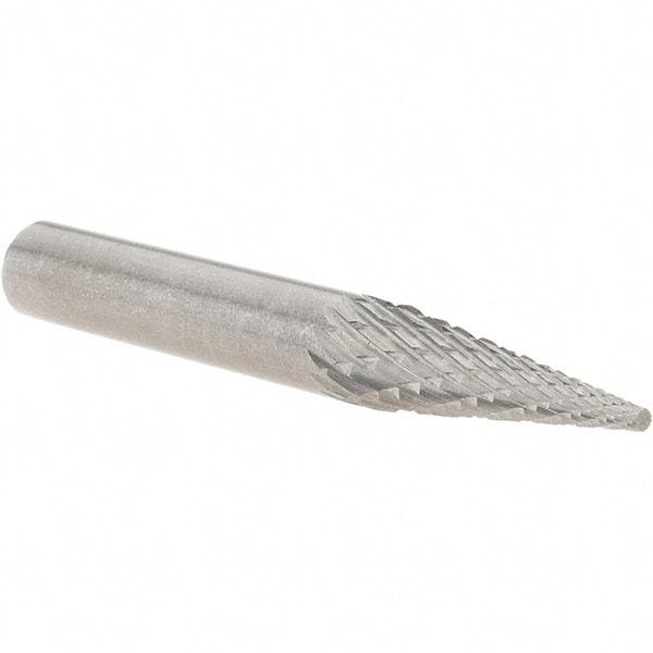 Made in USA - 1/4" Cut Diam, 1/4" Shank Diam, Cone Head Double Cut Burr - Carbide, Point End, 3/4" LOC, 2" OAL - Americas Industrial Supply
