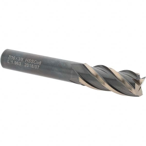Value Collection - 7/16", 1" LOC, 3/8" Shank Diam, 2-11/16" OAL, 4 Flute, High Speed Steel Square End Mill - Single End, TiN Finish, Spiral Flute, 30° Helix, Centercutting, Right Hand Cut, Right Hand Flute - Americas Industrial Supply