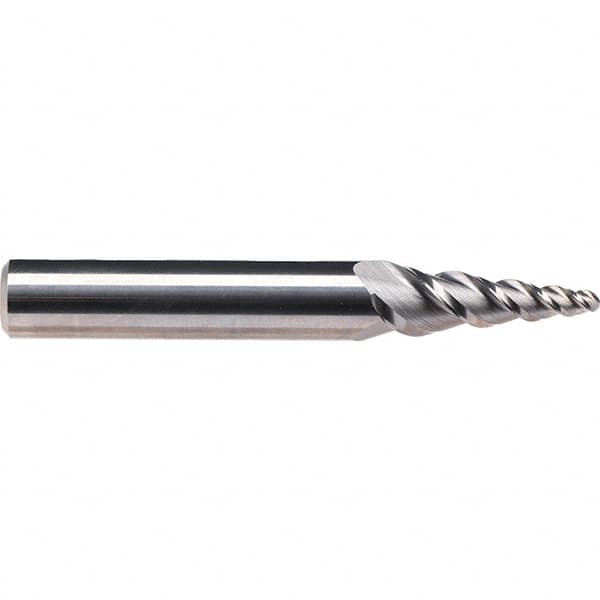 Emuge - 8° Taper Angle per Side, 3.4mm Small End Diam, 18mm LOC, Solid Carbide 3 Flute Tapered Ball End Mill - 62mm OAL, 6mm Shank Diam, Spiral Flute, 45° Helix - Americas Industrial Supply