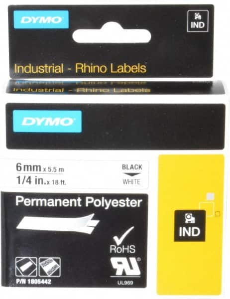 Dymo - 1/4" Wide x 216" Long, White Polyester Label Printer Cartridge - For RHINO 1000, 3000, 4200, 5000, 5200,6000, 6500 - Americas Industrial Supply