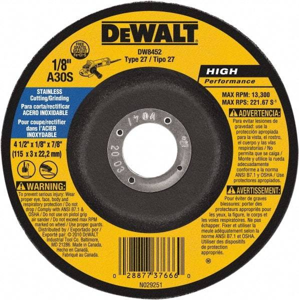 DeWALT - 30 Grit, 4-1/2" Wheel Diam, 1/8" Wheel Thickness, 7/8" Arbor Hole, Type 27 Depressed Center Wheel - Aluminum Oxide, 13,300 Max RPM, Compatible with Angle Grinder - Americas Industrial Supply