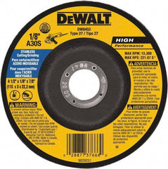 DeWALT - 30 Grit, 4-1/2" Wheel Diam, 1/8" Wheel Thickness, 7/8" Arbor Hole, Type 27 Depressed Center Wheel - Aluminum Oxide, 13,300 Max RPM, Compatible with Angle Grinder - Americas Industrial Supply