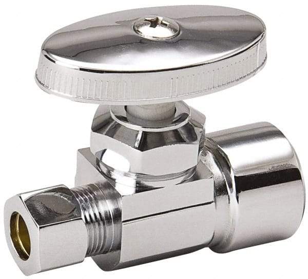 Value Collection - FIP 1/2 Inlet, 125 Max psi, Chrome Finish, Brass Water Supply Stop Valve - 3/8 Compression Outlet, Straight, Chrome Handle, For Use with Any Water Supply Shut Off Application - Americas Industrial Supply