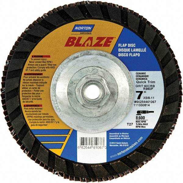 Norton - 120 Grit, 7" Disc Diam, 5/8-11 Center Hole, Type 27 Ceramic Alumina Flap Disc - 8,600 Max RPM, Polyester Backing, Arbor Attaching System, Coated - Americas Industrial Supply