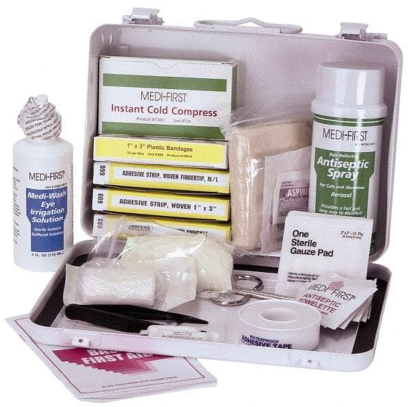 Medique - 24 Piece, 10 Person, Multipurpose/Auto/Travel First Aid Kit - 9-1/2" Wide x 2-3/4" Deep x 6-3/4" High, Metal Case - Americas Industrial Supply