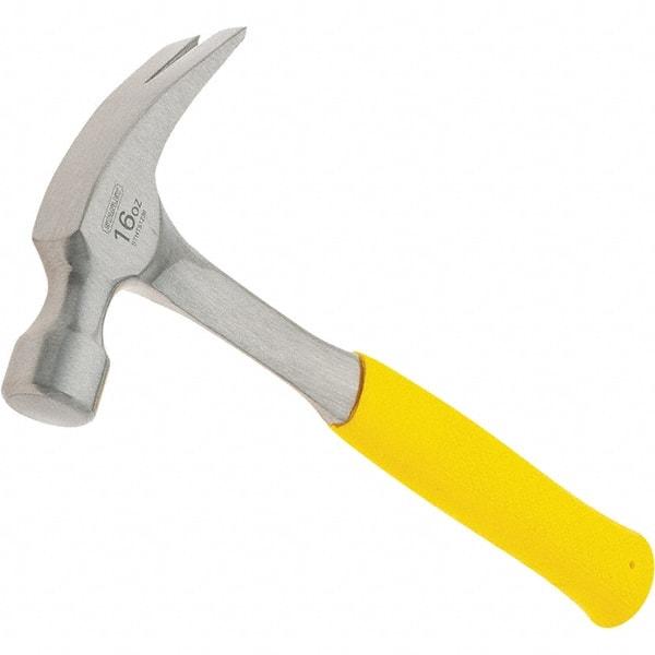 Stanley - 16 oz Head, Curved Claw Hammer - 12.8" OAL, Steel Head, 1.1" Face Diam, Smooth Face, Steel Handle with Grip - Americas Industrial Supply