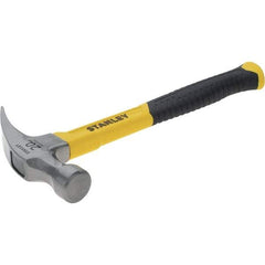 Stanley - 20 oz Head, Curved Claw Hammer - 12.83" OAL, Steel Head, 1.18" Face Diam, Smooth Face, Fiberglass Handle with Grip - Americas Industrial Supply