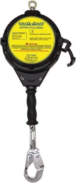 PRO-SAFE - 30' Long, 310 Lb Capacity, Galvanized Steel Cable Self-Retracting Lifeline - 3/16" Diam, Swivel Locking Snap Hook Connector with Load Indicator, Self-Locking Carabiner Connector, Metallic/Black - Americas Industrial Supply