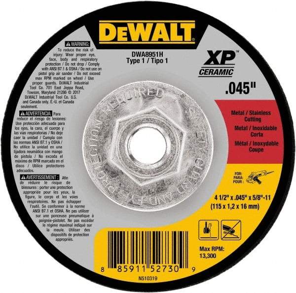 DeWALT - 4-1/2" Ceramic Cutoff Wheel - 0.045" Thick, 5/8-11 Arbor, 13,300 Max RPM, Use with Angle Grinders - Americas Industrial Supply