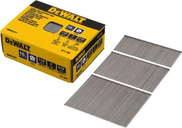 DeWALT - 16 Gauge 2-1/2" Long Finishing Nails for Power Nailers - Steel, Bright Finish, Smooth Shank, Angled Stick Collation, Round Head, Chisel Point - Americas Industrial Supply