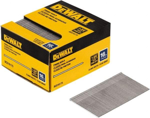 DeWALT - 16 Gauge 1-3/4" Long Finishing Nails for Power Nailers - Steel, Bright Finish, Smooth Shank, Angled Stick Collation, Round Head, Chisel Point - Americas Industrial Supply