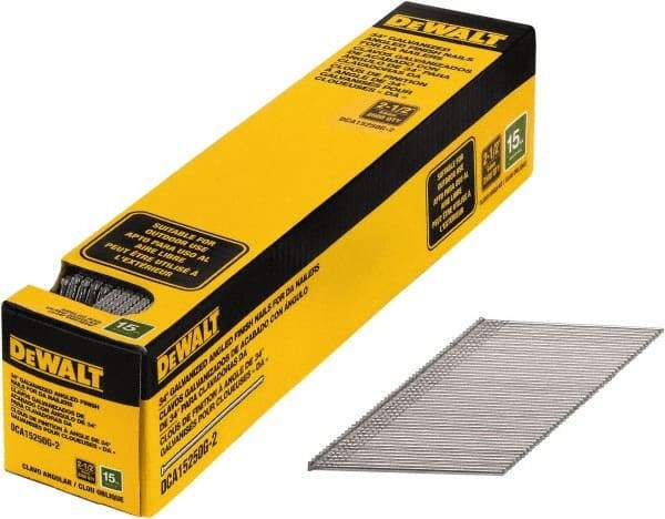 DeWALT - 15 Gauge 2-1/2" Long Finishing Nails for Power Nailers - Steel, Galvanized Finish, Smooth Shank, Angled Stick Collation, Round Head, Chisel Point - Americas Industrial Supply