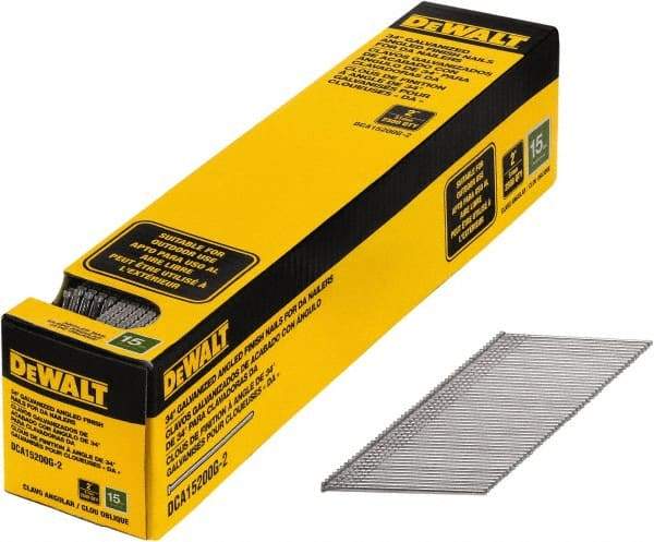 DeWALT - 15 Gauge 2" Long Finishing Nails for Power Nailers - Steel, Galvanized Finish, Smooth Shank, Angled Stick Collation, Round Head, Chisel Point - Americas Industrial Supply
