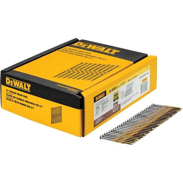 DeWALT - 12 Gauge 2.38" Long Framing Nails for Power Nailers - Steel, Galvanized Finish, Ring Shank, Angled Stick Collation, Round Head - Americas Industrial Supply