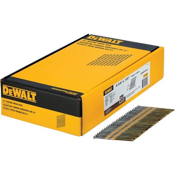 DeWALT - 9 Gauge 3-1/4" Long Framing Nails for Power Nailers - Steel, Bright Finish, Smooth Shank, Angled Stick Collation, Round Head - Americas Industrial Supply