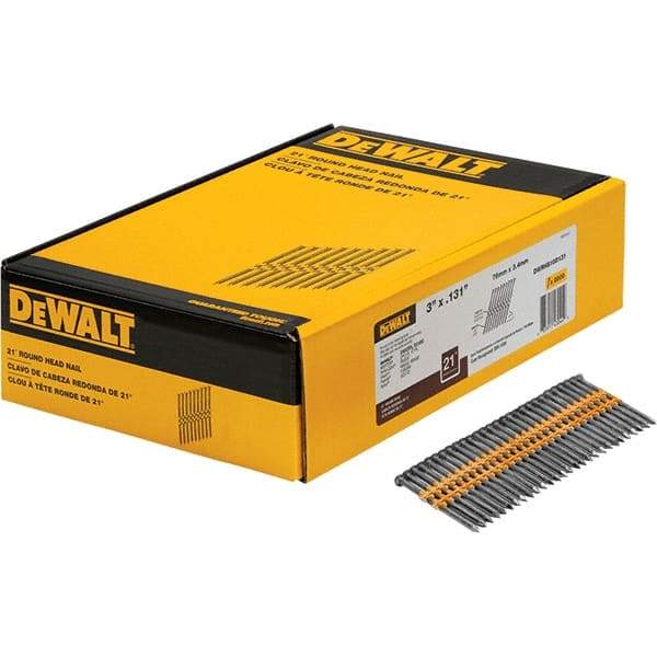 DeWALT - 9 Gauge 3" Long Framing Nails for Power Nailers - Steel, Bright Finish, Smooth Shank, Angled Stick Collation, Round Head - Americas Industrial Supply