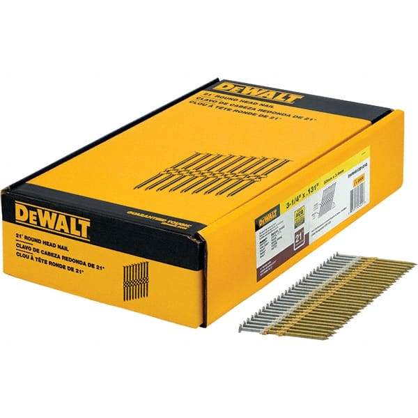 DeWALT - 9 Gauge 3-1/4" Long Framing Nails for Power Nailers - Steel, Galvanized Finish, Smooth Shank, Angled Stick Collation, Round Head - Americas Industrial Supply