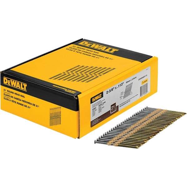 DeWALT - 12 Gauge 2.38" Long Framing Nails for Power Nailers - Steel, Bright Finish, Smooth Shank, Angled Stick Collation, Round Head - Americas Industrial Supply
