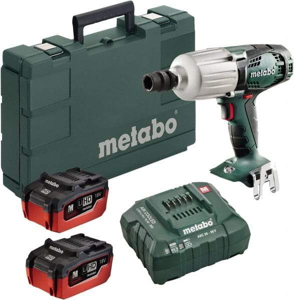 Metabo - 1/2" Drive 18 Volt Pistol Grip Cordless Impact Wrench & Ratchet - 1,600 RPM, 2,200 BPM, 450 Ft/Lb Torque, 2 Lithium-Ion Batteries Included - Americas Industrial Supply