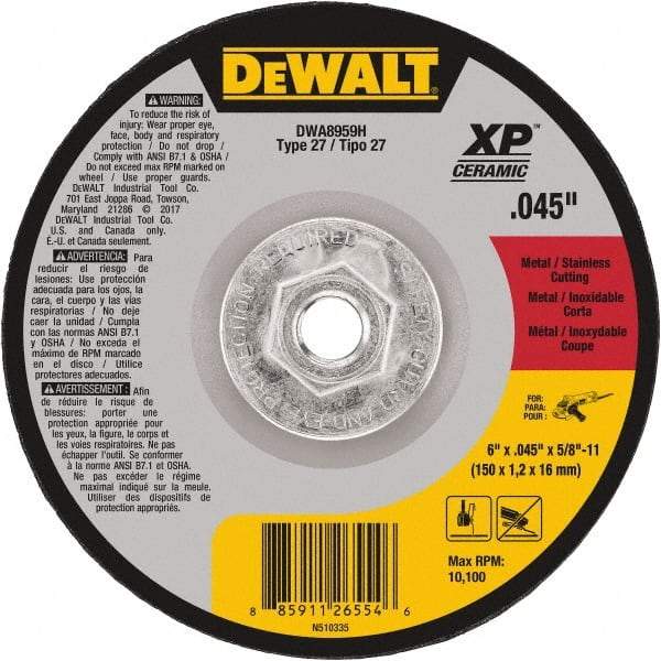 DeWALT - 24 Grit, 6" Wheel Diam, Type 27 Depressed Center Wheel - Coarse/Medium Grade, Ceramic, N Hardness, 10,100 Max RPM - Americas Industrial Supply