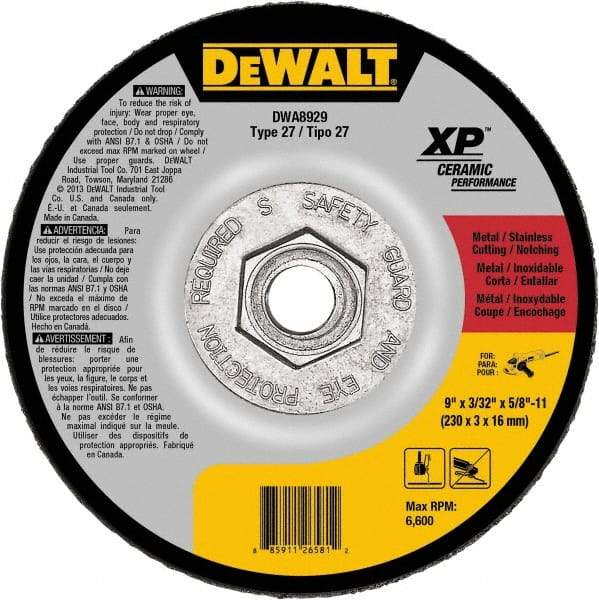 DeWALT - 24 Grit, 9" Wheel Diam, Type 27 Depressed Center Wheel - Coarse/Medium Grade, Ceramic, N Hardness, 6,600 Max RPM - Americas Industrial Supply