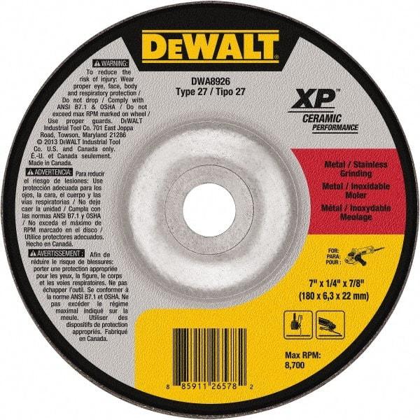 DeWALT - 24 Grit, 7" Wheel Diam, 7/8" Arbor Hole, Type 27 Depressed Center Wheel - Coarse/Medium Grade, Ceramic, N Hardness, 8,700 Max RPM - Americas Industrial Supply