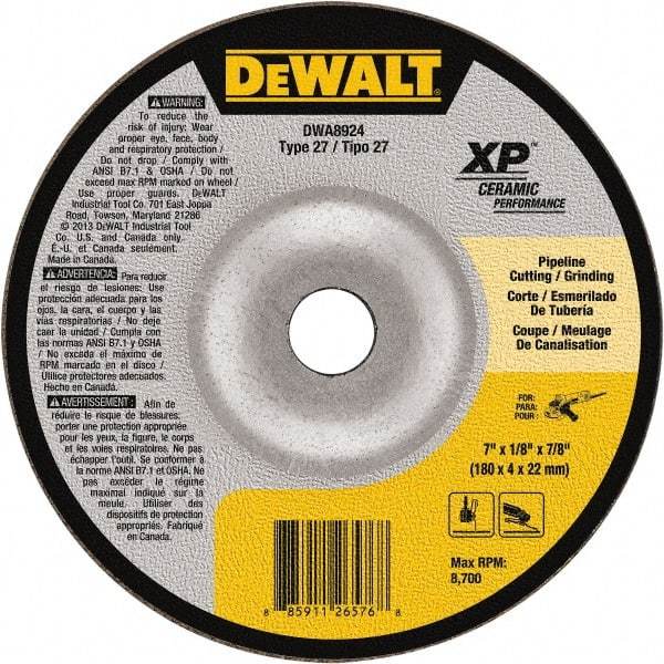 DeWALT - 24 Grit, 7" Wheel Diam, 7/8" Arbor Hole, Type 27 Depressed Center Wheel - Coarse/Medium Grade, Ceramic, N Hardness, 8,700 Max RPM - Americas Industrial Supply