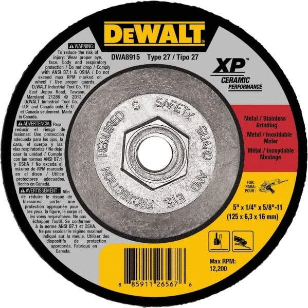 DeWALT - 24 Grit, 5" Wheel Diam, Type 27 Depressed Center Wheel - Coarse/Medium Grade, Ceramic, N Hardness, 12,200 Max RPM - Americas Industrial Supply