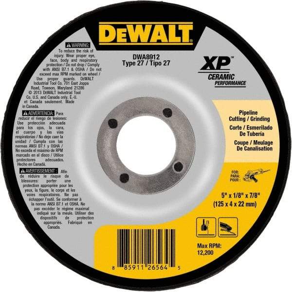DeWALT - 24 Grit, 5" Wheel Diam, 7/8" Arbor Hole, Type 27 Depressed Center Wheel - Coarse/Medium Grade, Ceramic, N Hardness, 12,200 Max RPM - Americas Industrial Supply