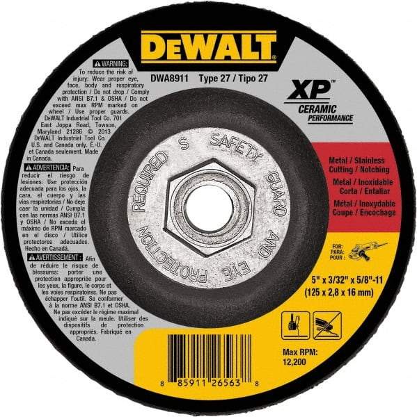 DeWALT - 24 Grit, 5" Wheel Diam, Type 27 Depressed Center Wheel - Coarse/Medium Grade, Ceramic, N Hardness, 12,200 Max RPM - Americas Industrial Supply