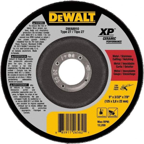 DeWALT - 24 Grit, 5" Wheel Diam, 7/8" Arbor Hole, Type 27 Depressed Center Wheel - Coarse/Medium Grade, Ceramic, N Hardness, 12,200 Max RPM - Americas Industrial Supply