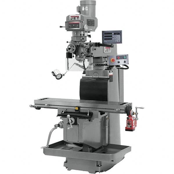 Jet - 54" Table Width x 12" Table Length, Variable Speed Pulley Control, 3 Phase Knee Milling Machine - R8 Spindle Taper, 5 hp - Americas Industrial Supply