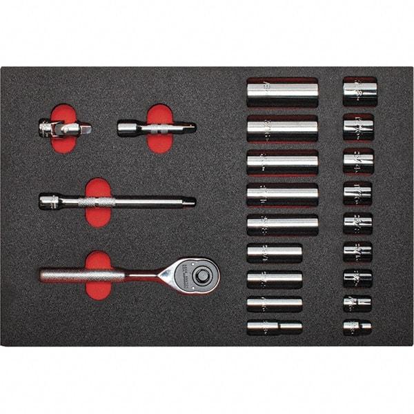 Proto - 22 Piece 3/8" Drive Chrome Finish Deep Well Socket Set - 12 Points, 3/8" to 7/8" Range, Inch Measurement Standard - Americas Industrial Supply