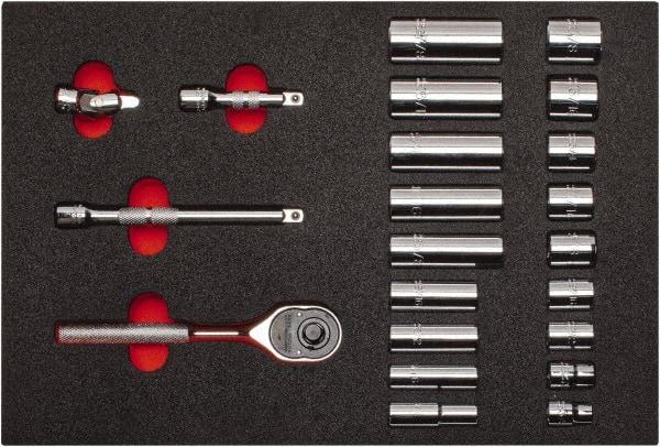 Proto - 22 Piece 3/8" Drive Chrome Finish Deep Well Socket Set - 6 Points, 3/8" to 7/8" Range, Inch Measurement Standard - Americas Industrial Supply
