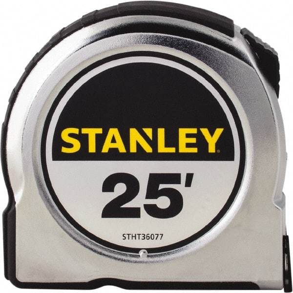 Stanley - 25' x 1" Yellow Steel Blade Tape Measure - 1/16" Graduation, Chrome ABS Plastic Case - Americas Industrial Supply