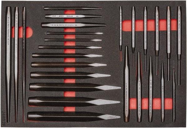 Proto - 26 Piece Diamont Point Chisel, Cold Chisel, Solid, Pin & Center Punch Set - 1/4 to 1-3/16" Chisel, 1/16 to 3/8" Punch - Americas Industrial Supply