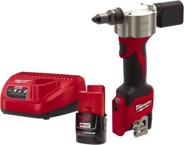 Milwaukee Tool - All up to 3/16" Closed End Rivet Capacity , 2,000 Lb Pull Force Cordless Electric Riveter - 0.8" Stroke Length, 12 Volt, Mandrel Collection, (2) 48-11-2401 Batteries Included - Americas Industrial Supply