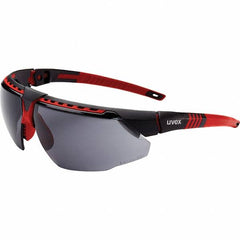 Uvex - Gray Lenses, Framed Safety Glasses - Anti-Fog, Red Frame, Adjustable Temples, Size Universal, Wrap Around - Americas Industrial Supply