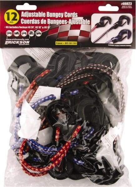 Erickson Manufacturing - Bungee Cord with S Hook - 13, 18, 24" OAL, Red/Blue/Green - Americas Industrial Supply