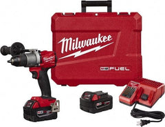 Milwaukee Tool - 18 Volt 1/2" Chuck Pistol Grip Handle Cordless Drill - 0-550 & 0-2000 RPM, Single-Sleeve Ratcheting Chuck, Reversible, 2 Lithium-Ion Batteries Included - Americas Industrial Supply